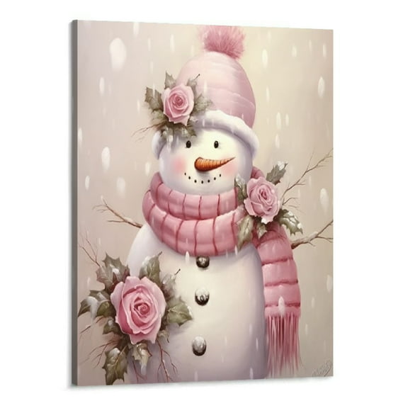 Creowell Snowman Wall Art Pink Snowman Prints Snowflake Posters Vintage Snowman Prints Winter Scene Pictures Winter Snow Scene Canvas Wall Art Poster Snow Scene Painting Christmas Room Decor 16x20 In