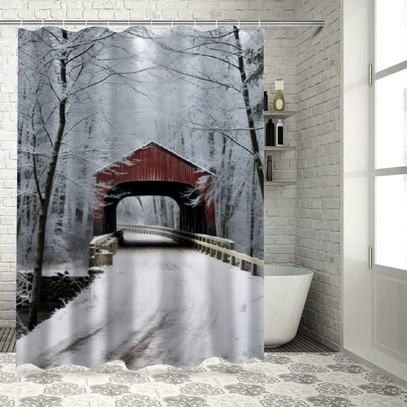 Creowell Snowy Forest Pretty Shower Curtain Set with Hooks, 100％ Polyester Bathroom Decor, Various Sizes 36x72