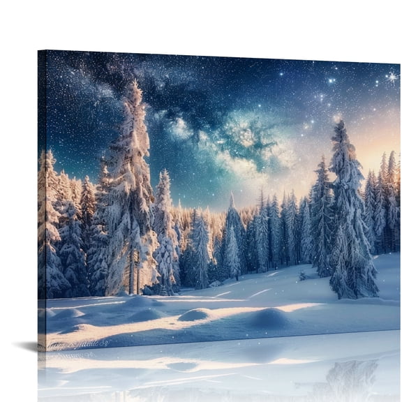 Creowell Snowy Landscape Trees Star-Filled Sky Canvas Wall Art 16x12in