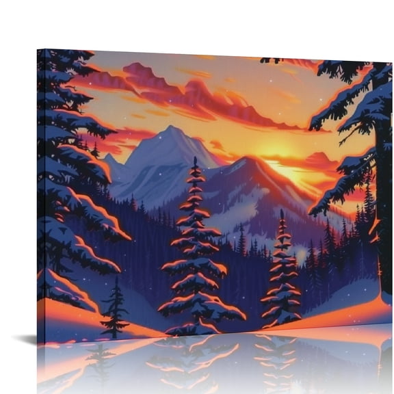 Creowell Snowy Mountain Pine Trees Sunset Canvas Wall Art Decor 16x12in