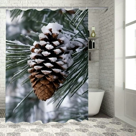 Creowell Snowy Pine Cone Printed Shower Curtain set with Hooks 100% Polyester Fiber Chic Modern Bathroom Decor 60x72