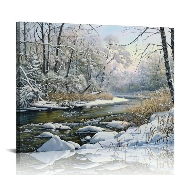 Creowell Snowy River Forest Rocks Canvas Wall Art Ready To Hang Decor 16x12in