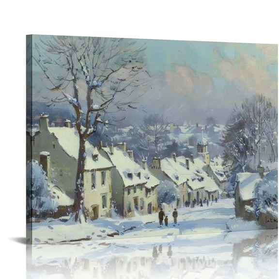 Creowell Snowy Village Trees People Canvas Print Wall Art Decor 16x12in