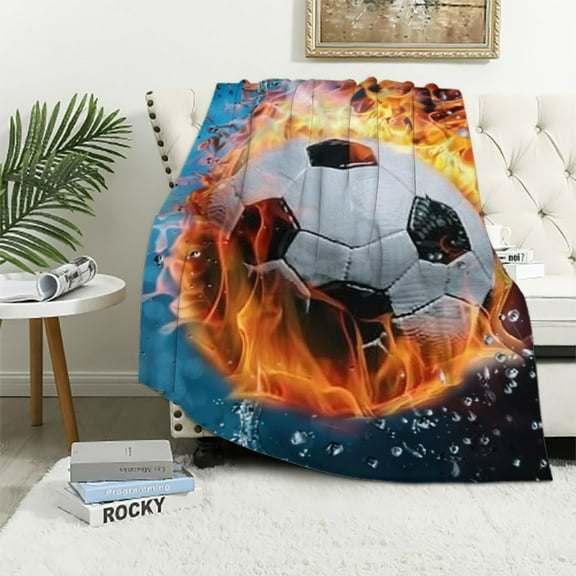 Creowell  Soccer Ball Cool Sport Throw Blanket Fun Super Soft Warm Boy Bedding Bed Blankets for Couch Bedroom Sofa Office Car, All Season Cozy Flannel Plush Blanket for Girls Boys Adults White