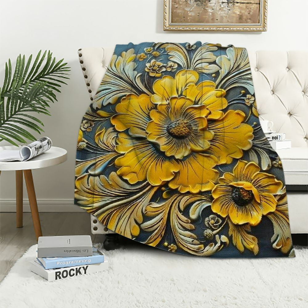 Creowell Soft Blankets and Throws for Sofa Blue and Yellow Mexican Tile Throw Blankets Flannel