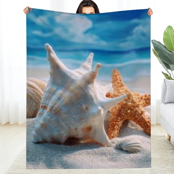 Creowell Soft Sea Conch Shell Starfish Turtle Print Micro Blanket – Lightweight, Durable for Beds, Sofas,Camping,Or Trave 40*50in