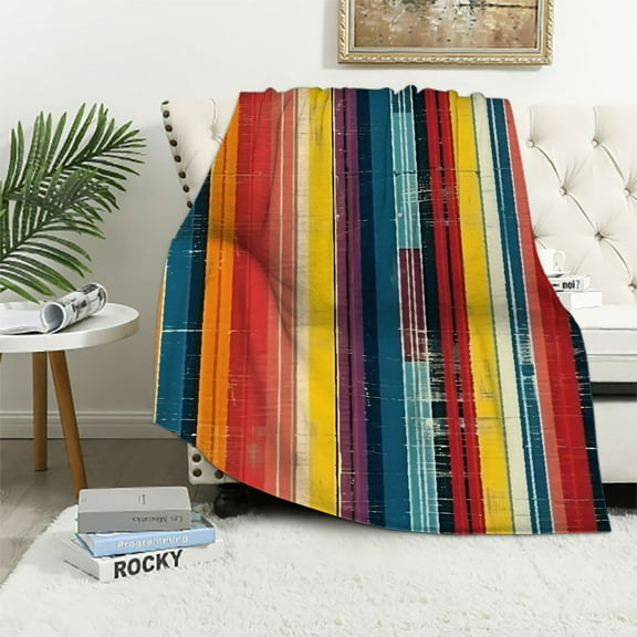 Creowell Soft Throw Blanket Boho Mexican Retro Stripe Multicolor Cozy Flannel Bed Blanket Bohemian Modern Blanket for Couch Sofa Bed for Adults Kids Boys Teens Gift for Adults and Children