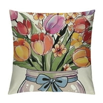 Creowell Spring is in The Air Decorative Throw Pillow Covers, Bless My Blooms Tulip Flower Mason Jar Cushion Case Decor, Floral Stripes Bow Farmhouse Home Decoration for Sofa Couch 12x12in