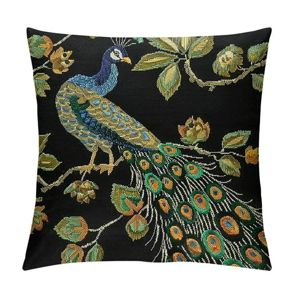 Creowell Spring Embroidered Birds Tree Throw Pillow Covers Peacock Decorative Pillowcases  (Black)