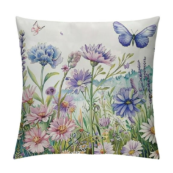 Creowell  Spring Floral Throw Pillow Covers 18 x 18 Inch Garden Flower Butterfly Decorative Pillows for Couch Sofa Garden Patio Decor