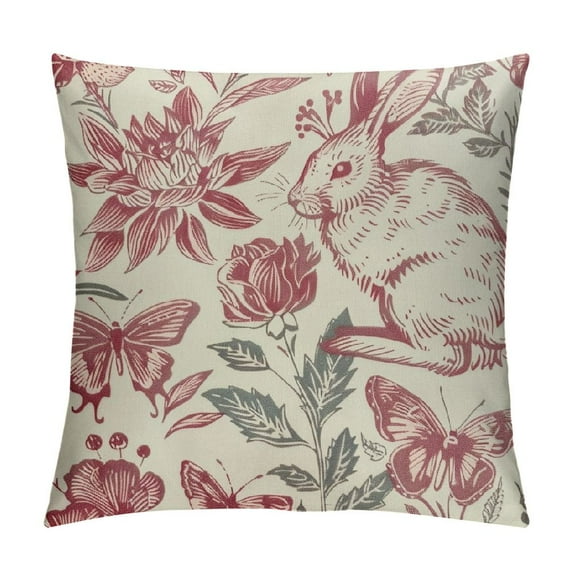 Creowell Spring Pink Easter Pillow Covers Rabbit Bunny Floral Leaf Butterfly Botanical Plants Print Decorative Throw Pillows Seasonal Pillow Cases Couch Bed Sofa Decor
