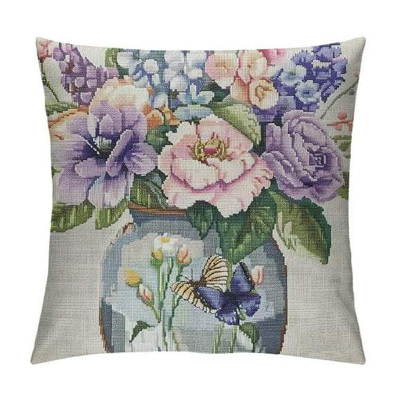 Creowell  Spring Watercolor Flowers Pillow Covers  Purple Pink Floral Leaf Vase Butterfly Decorative Pillow Cases Seasonal Farmhouse Cushion Covers Home Decor for Sofa Couch Outdoor
