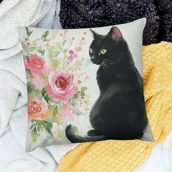 Creowell Square Cushion Cover Black Cat Flowers Farmhouse Decor 18x18in