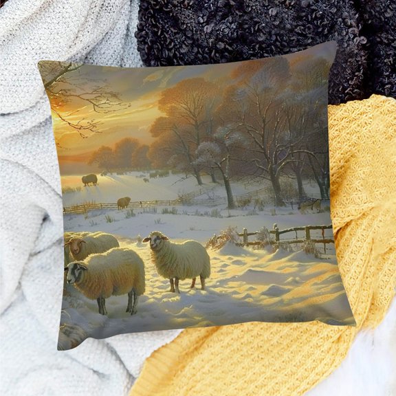 Creowell Square Cushion Cover Sheep Snow Sunset Pillow Case Linen 20x20in