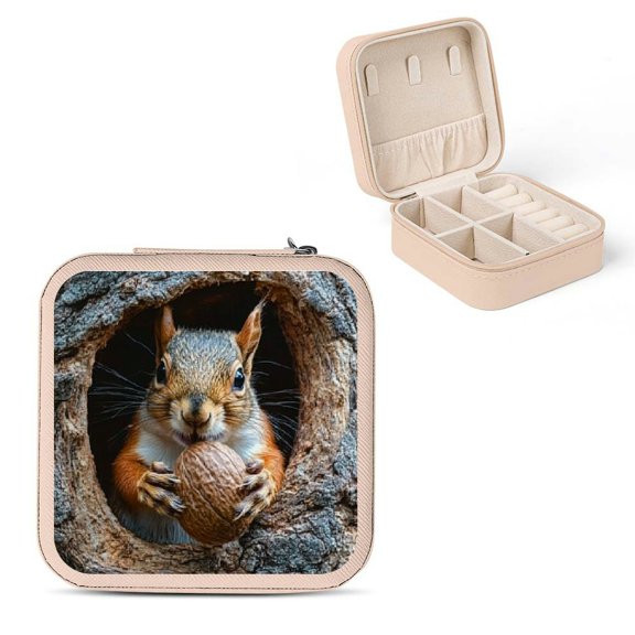 Creowell Squirrel Walnut Tree Trunk Christmas Gifts Jewelry Box Small Jewelry Boxes for Women Necklace Ring Earring Organizer Pink