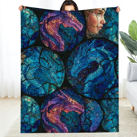 Creowell Stained Glass Fantasy Dragon Blanket Throw Blankets for Travel Camping Sofa Living Room Decor, Lightweight Cozy Soft Fuzzy Gifts for Women Adults Kids 60*80in