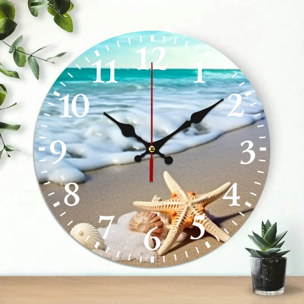 Creowell Starfish Seashell Ocean Wooden Wall Clock 10 Inch Silent Decor ...