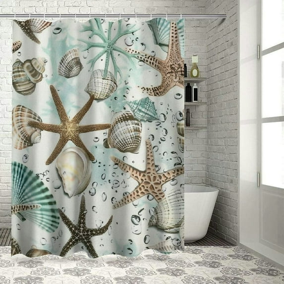 Creowell Starfish and Seashells Shower Curtain, Weighted Bottom Vintage Beige Ivory Coral Conch Nautical Oncean Beach Bathroom Curtain Waterproof Fabric Machine Washable with Hooks White