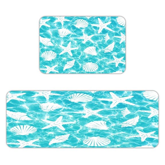 Creowell Starfish Shell Water Ripple Pattern Kitchen Mats for Floor, Sets of 2, Soft Washable, Clear Print, Non Skid Waterproof Kitchen Rug for Sink Floor Sink Laundry Bar Office Room Home Cooks