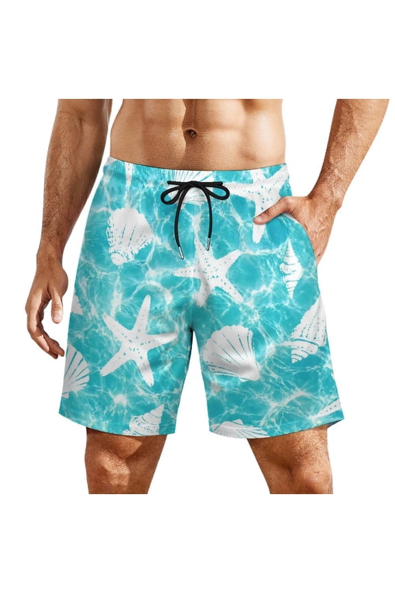 Starfish Shell Water Ripple Pattern Men's Beach Shorts, Breathable Mesh Lining Quick Dry with Pockets, Casual Swimwear for Adults,