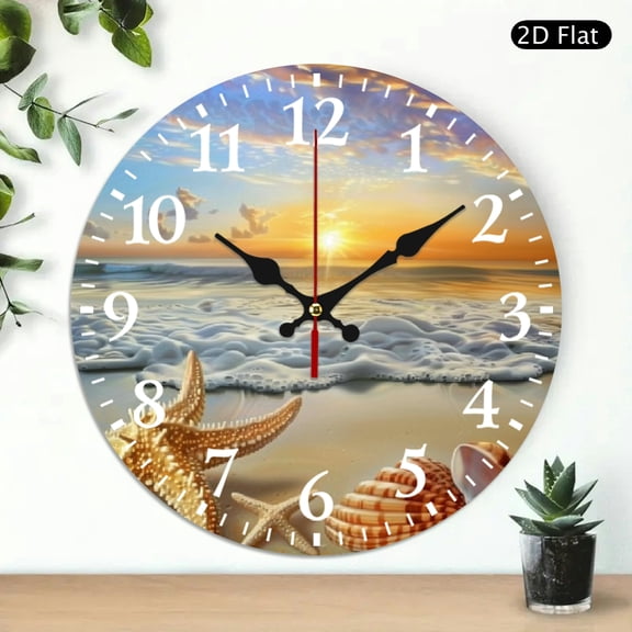 Creowell Starfish Shells Beach Print Wall Clock 10 Inch Frameless Decor 10x10in