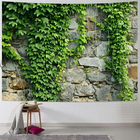 Creowell  Stone Wall Tapestry Spring Garden Green Leaves Tapestry Old Stone Wall Overgrown with Leaves Outdoor Nature Tapestry Greenery Home Decor Aesthetic Living Room Decor 60x50inch