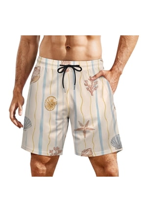 Striped Shell Coral Pattern Men's Beach Shorts, Breathable Mesh Lining Quick Dry with Pockets, Casual Swimwear for Adults,