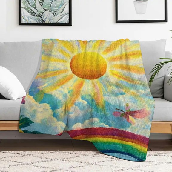 Creowell Sun Clouds Rainbow Fuzzy Fluffy Soft Cozy Blanket, Flannel Durable Warm Blanket for Sofa, Travel, Camping, Bed, Chair - Multi-purpose Gift Blanket 50x60in