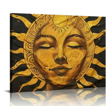 Creowell Sun Moon Face canvas wall art Black Brown Stars Frame Wall Hanging for Living Dining Room Decor 20x16in