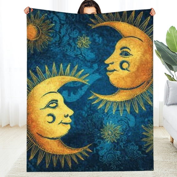 Creowell Sun Moon Faces Durable Soft Flannel Blanket for All Seasons 50*60in