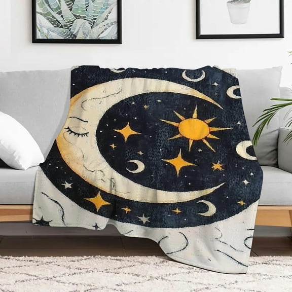 Creowell Sun Moon Stars Flannel Blanket Lightweight Soft Warm Multi-Purpose 30x40in
