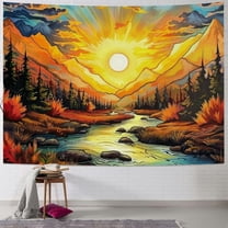 Creowell Sun Mountain Tapestry for Bedroom, Trippy Nature Forest Tree River Scenery Vintage Aesthetic Wall Tapestry Home Decor Wall Hanging for Living Room Bedroom Dorm Painting