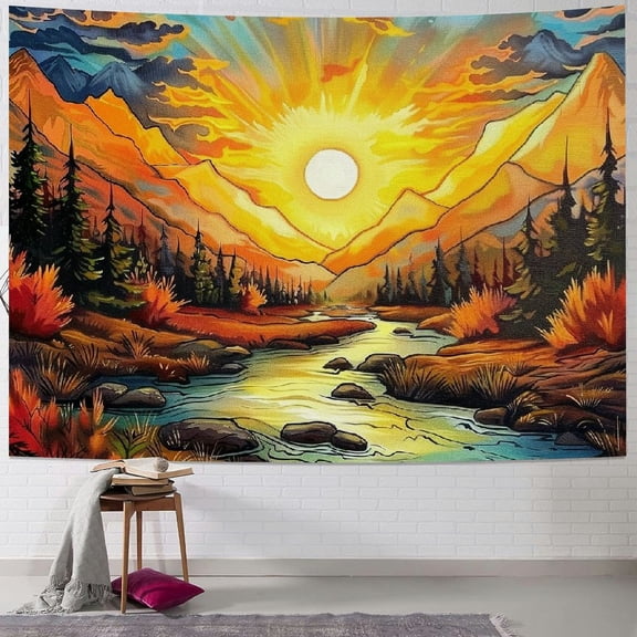 Creowell Sun Mountain Tapestry for Bedroom, Trippy Nature Forest Tree River Scenery Vintage Aesthetic Wall Tapestry Home Decor Wall Hanging for Living Room Bedroom Dorm Painting