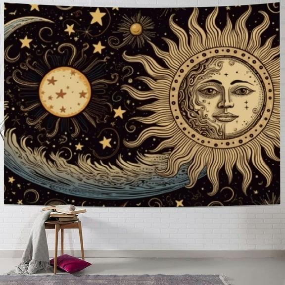 Creowell  Sun and Moon Tapestry, Aesthetic Spiritual Tapestries Mystic Burning Sun with Clouds Star Wall Hanging decor for Bedroom  40x30inch