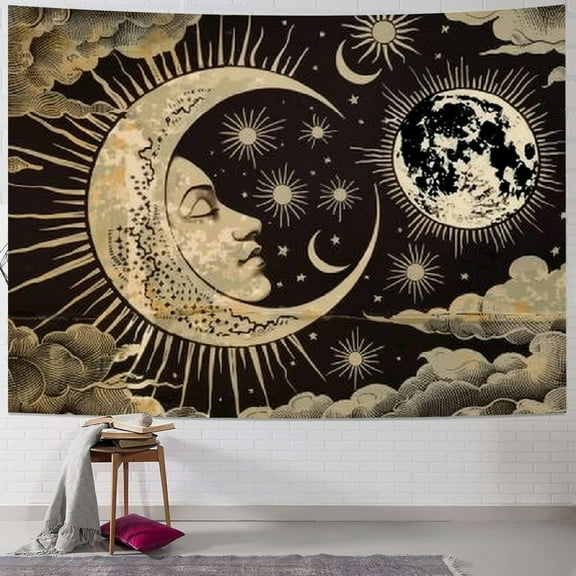 Creowell  Sun and Moon Tapestry, Aesthetic Spiritual Tapestries Mystic Burning Sun with Clouds Star Wall Hanging decor for Bedroom 40x30inch