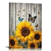 Creowell  Sunflower Butterfly Canvas Wall Art -Artwork Prints Sunflower wall Decor -Living Room Bathroom Bedroom Office Home Wall Decor -Ready to Hang (sunflower, 16x20 in/12x16 in)