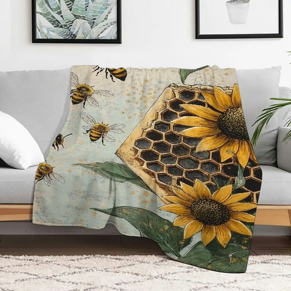 Creowell Sunflowers Bees Beehive Warm Cozy Decorative Blanket Gift, Flannel Fuzzy Soft Blanket, Durable Multifunctional Blanket for Sofas, Travel, Camping, Beds, Chairs 30x40in