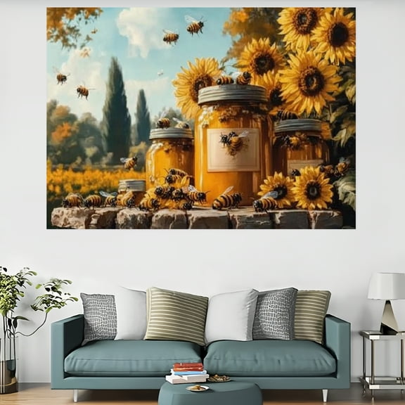 Creowell Sunflowers Honey Jars Bees Tapestry Wall Hanging Decor 60x40in