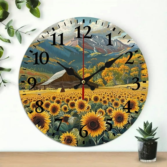 Creowell Sunflowers Round Wooden Wall Clock for Home Decor, Wall Hanging Decor - 10 Inches, Silent, Battery Operated, Decorative Clock for Living Rooms, Bedrooms, Kitchens, Offices 10x10in