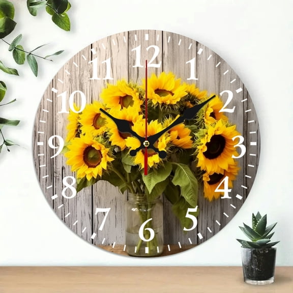 Creowell Sunflowers Wooden Wall Clock Battery Operated 10 Inch Decor 10x10in