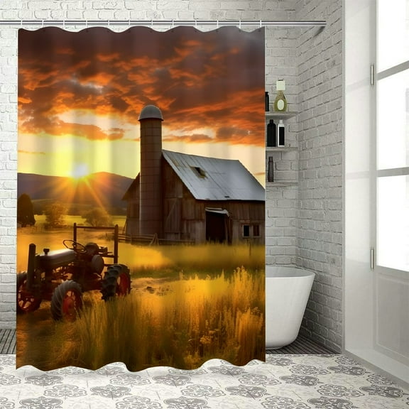 Creowell Sunset Barn Tractor Shower Curtain Cloth Fabric Bathroom Decor Set with Hooks 100% Polyester Fiber Home Bathtubs Bathroom Curtain Decoration Washable Shower Curtain 36x72