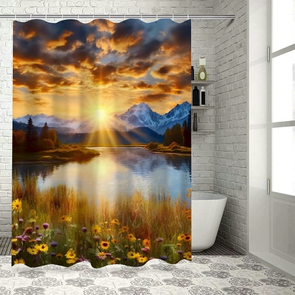 Creowell Sunset Lake Wildflowers Modern Waterproof Shower Curtain for Country Cottage & Farmhouse Bathroom Decor 36x72
