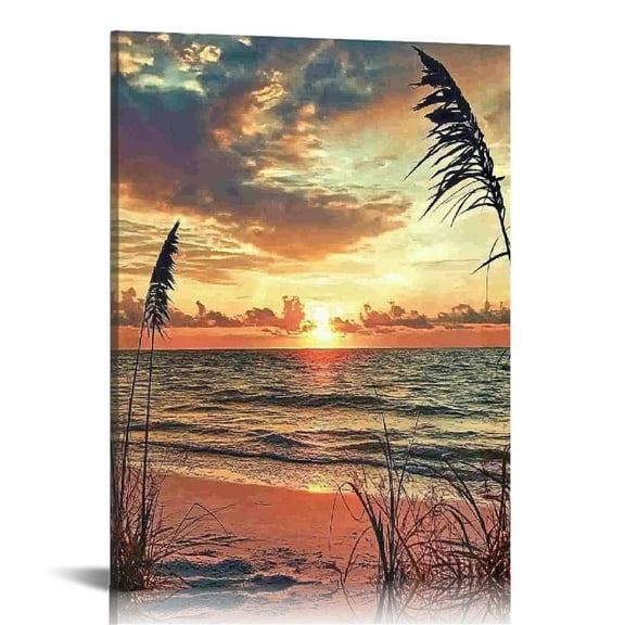 Creowell Sunset Ocean Beach Print Canvas Wall Art for Home Decor - Living Room, Bedroom, Bathroom, Office - Waterproof, UV Resistant, Framed - 12x16/16x20 Inches 16x20in