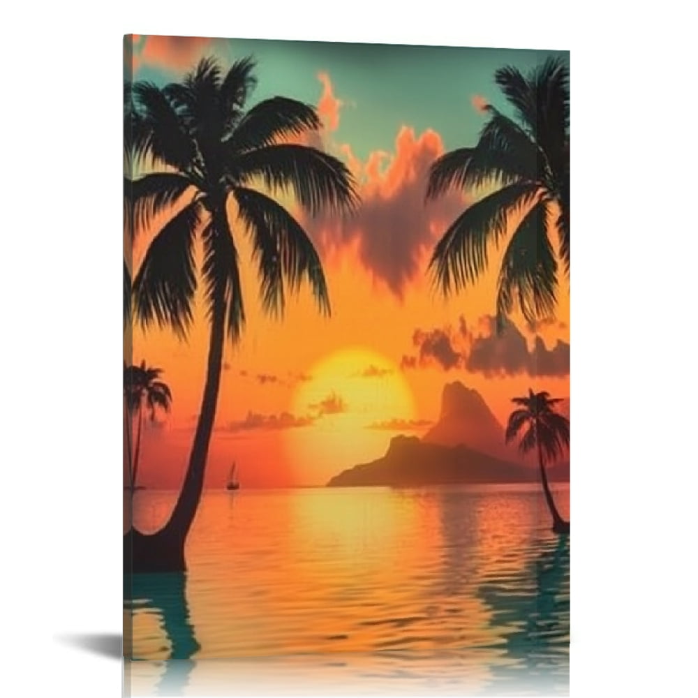 Creowell Sunset Palm Trees Boat Canvas Print Wall Art Home Decor ...