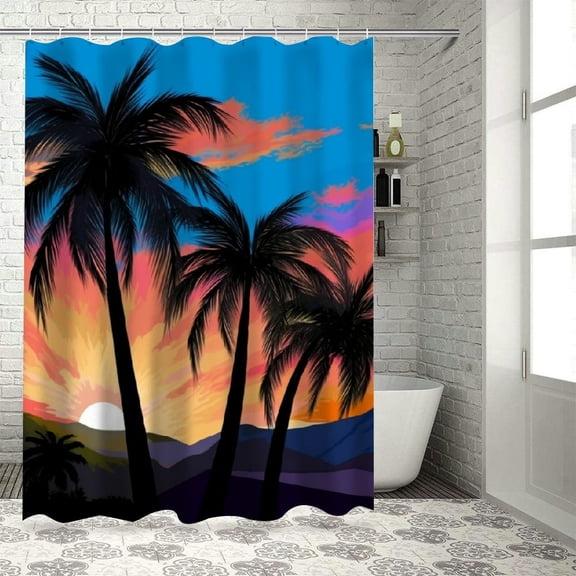 Creowell Sunset Palm Trees Mountains Pretty Shower Curtain 100% Polyester Fiber Home Bathroom Decor Chic Modern Style with Hooks 60x72