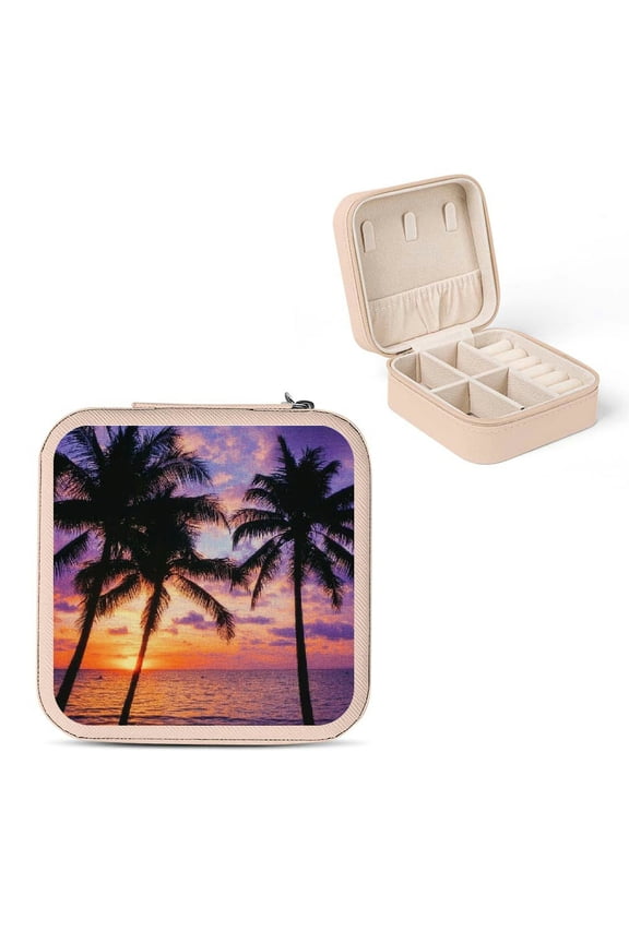 Sunset Palm Trees Ocean Mini Jewelry Box Travel Case Organizer with Necklace Hooks and Zipper, Compact Size for Ring, Earring, Bridesmaid Gifts - 3.8x3.8x2 Inches Pink