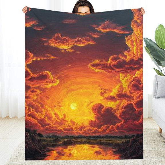 Creowell Sunset River Clouds Flannel Blanket, Reversible All-Season Comfort 30*40in