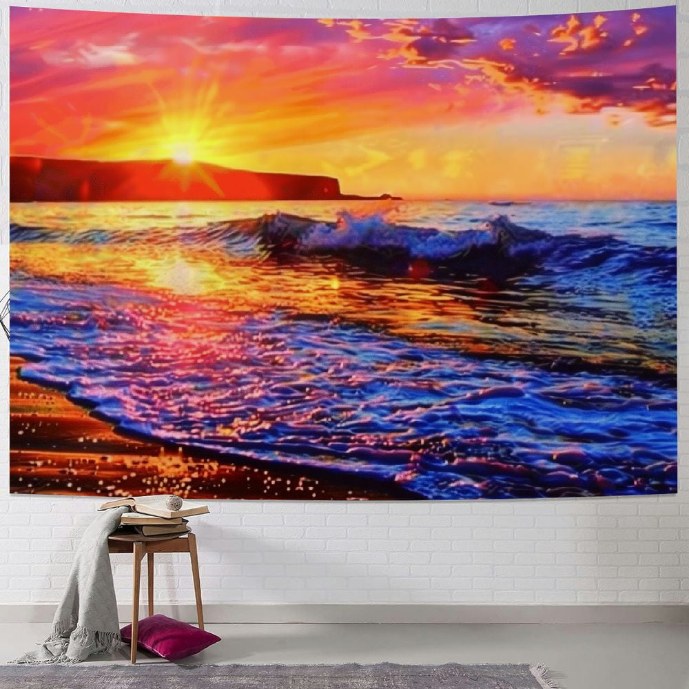 Creowell Sunset Tapestries Blue Ocean Tapestry Hawaii Beach Wall