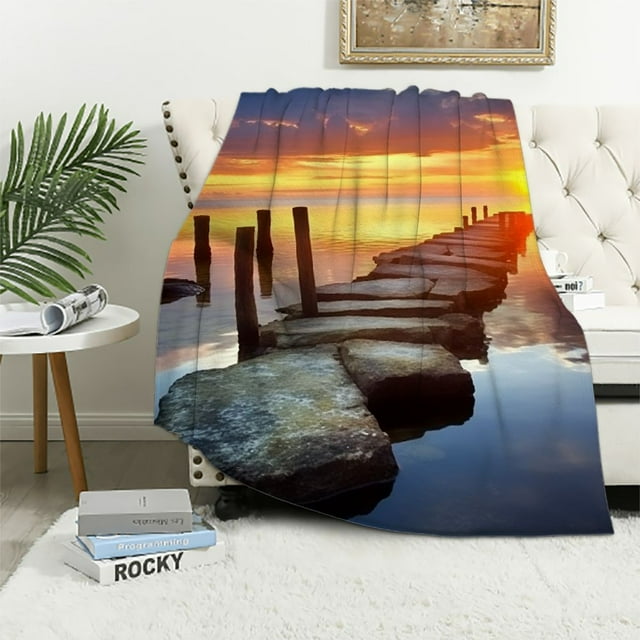 Creowell Sunset Water Rocks Flannel Throw Blanket for Bed Couch Sofa