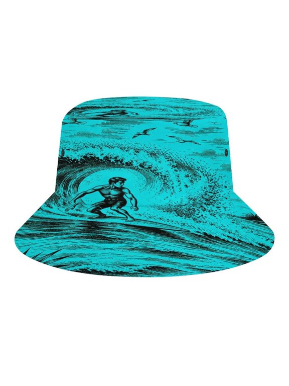 Surfer Wave Tropical Palm Scene Bucket Hat, Soft, Printed, Packable Fisherman Sun Hat for Beach Travel Hiking Vacation, Sun Hat for Women Men, One Size